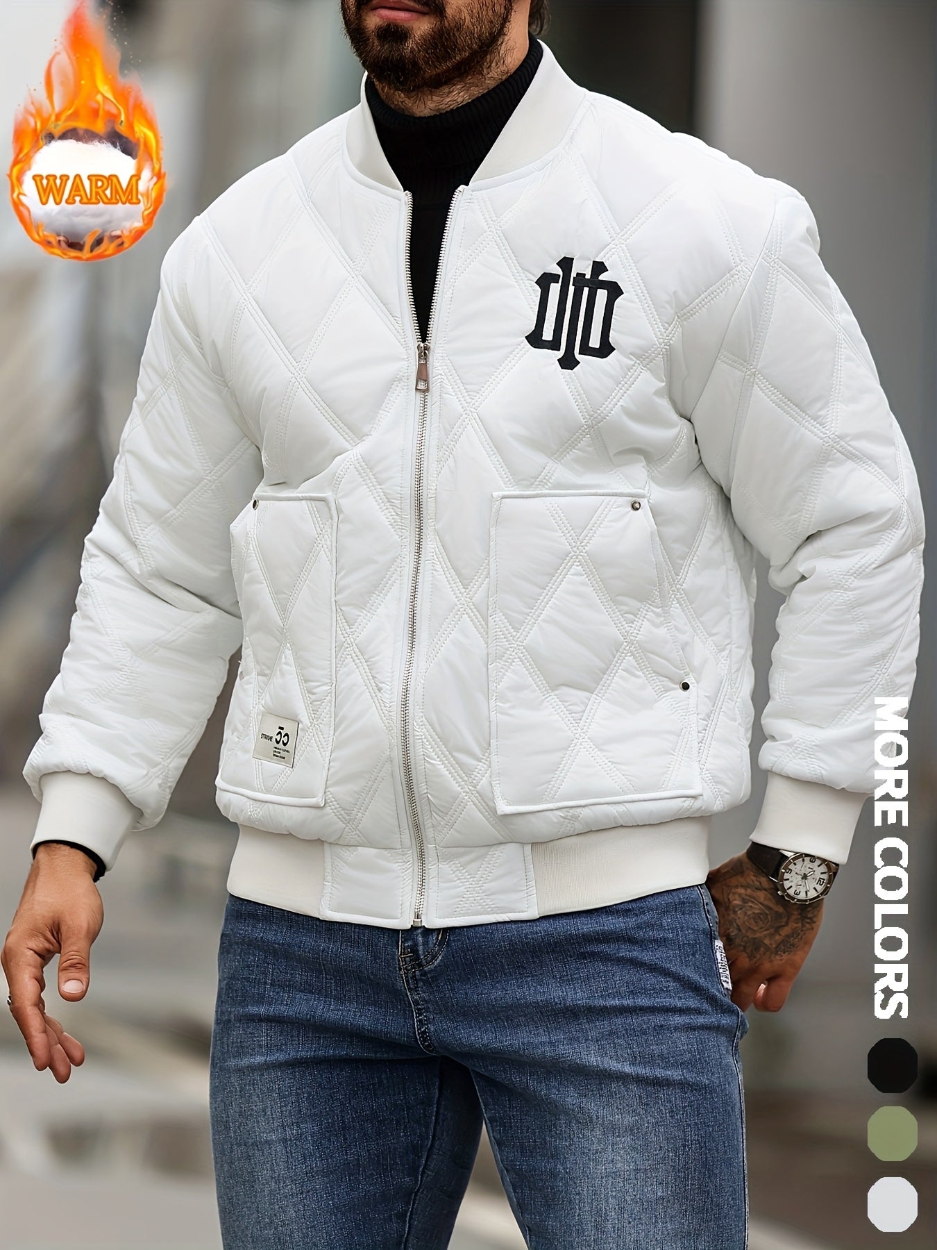 Men's Heavy-Duty Winter Jacket with Thick & Windproof, White Coat with Black Logo & Lettering, Large Zippered Pocket, Machine Washable - Casual Outerwear for Skiing, Travel, Streetwear (Regular Fit), Winter Jacket For Men, Me