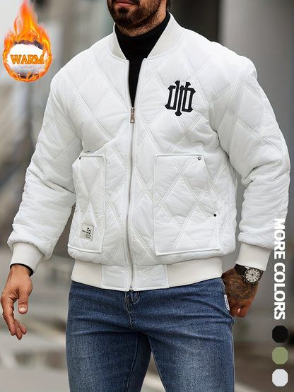 Men's Heavy-Duty Winter Jacket with Thick & Windproof, White Coat with Black Logo & Lettering, Large Zippered Pocket, Machine Washable - Casual Outerwear for Skiing, Travel, Streetwear (Regular Fit), Winter Jacket For Men, Me