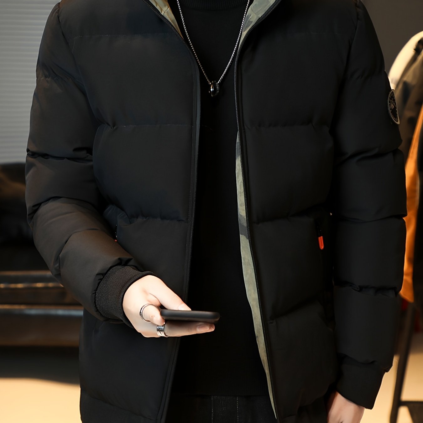 Men's Heavyweight Winter Coat - Full-Zip Cold Weather Jacket, Stand-Up Collar, Exterior Zipper Closure, Machine Washable Outer Shell for Everyday & Formal Wear - Black, Seasonal Layering, Sleek Design, Durable Fabric, Urban C