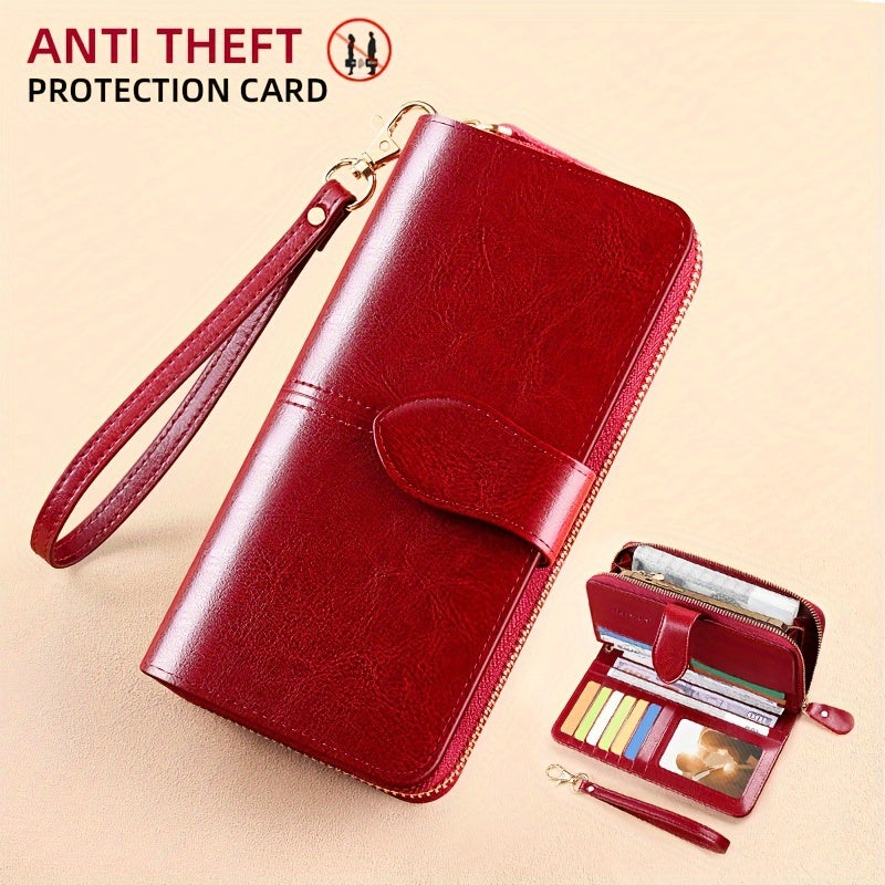 Two-Layer Cowhide Leather Clutch Wallet for Men & Women, Casual Large Capacity RFID Blocking Zippered Hand Purse with Transparent ID Slot and Anti-Theft Brush, Versatile for Going Out