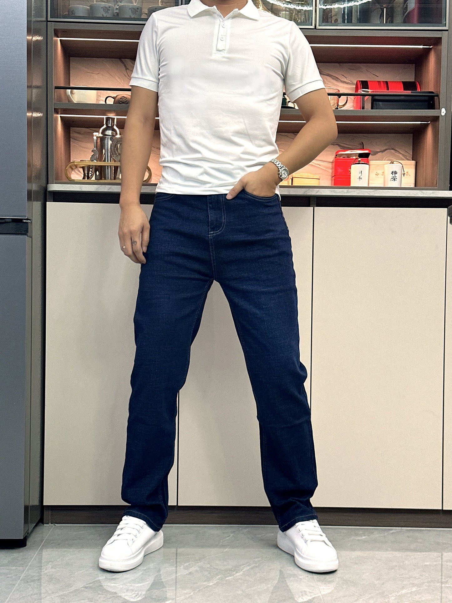 Men's Classic Straight-Leg Jeans in Dark Blue - Comfortable & Stylish Denim for Casual, Work, and Business Dates | Machine Washable, Non-Transparent with Printed Detail | All-Season Wear