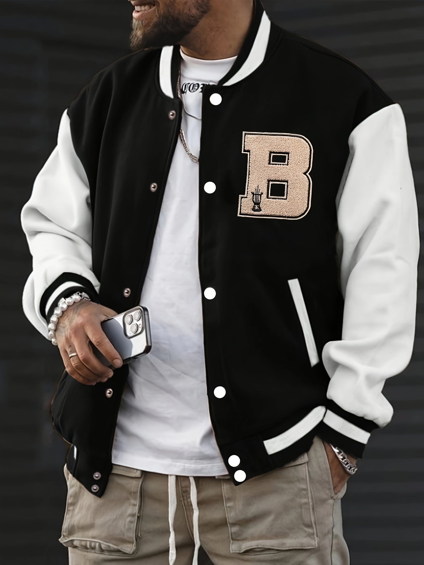 Men'S Baseball Jacket with Letter B Lettering - Navy & Golden Accent Casual Streetwear, Button-Front Closure, Regular Fit Fall/Winter Outerwear, Baseball Jacket