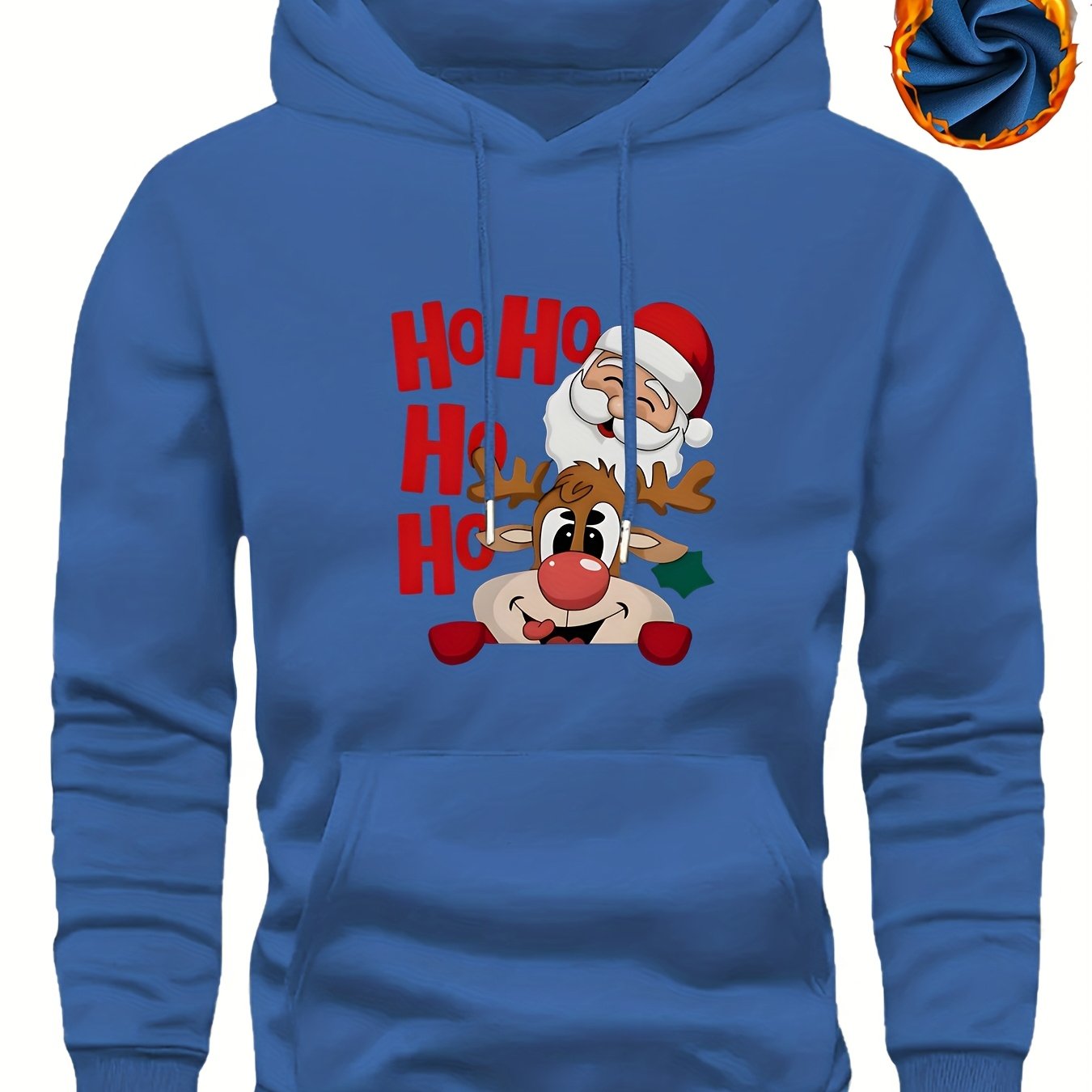 Men's Christmas Hooded Sweatshirt with Rudolph & Santa Print - Thickened Winter Pullover Hoodie, Warm Long Sleeve Casual Sweater for Skiing, Parties, Team Events - Machine Washable (Couple Matching, Unisex Style)