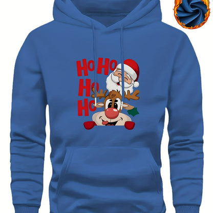 Men's Christmas Hooded Sweatshirt with Rudolph & Santa Print - Thickened Winter Pullover Hoodie, Warm Long Sleeve Casual Sweater for Skiing, Parties, Team Events - Machine Washable (Couple Matching, Unisex Style)