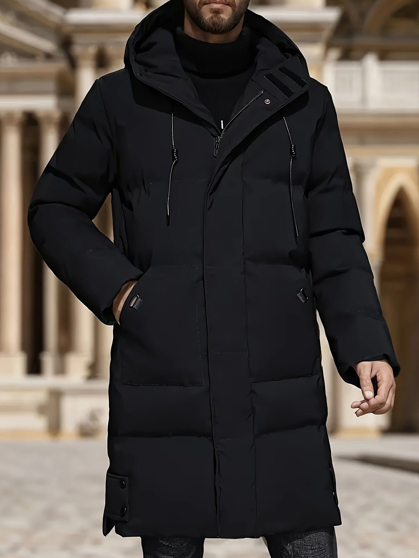 Men's Winter Hooded Padded Jacket, Thickened Loose Fit Solid Color Zip-Up Padded Coat, Warm & Stylish Men's Outerwear