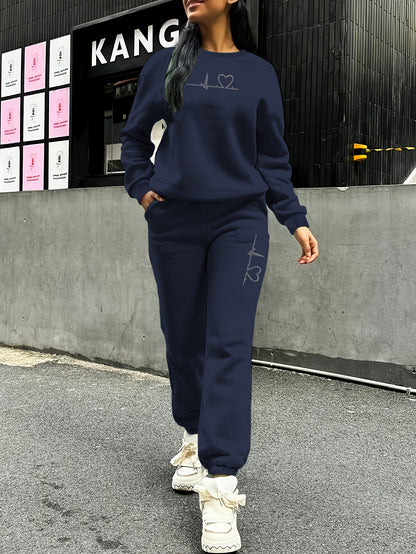 Women's Fleece Sweatsuit Set with Heart Print for Fall/Winter - ayq