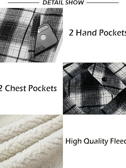 DPYEW Men's Full-Zip Hooded Jacket with Fleece Lining & Plaid Black/White/Gray Winter Coat - Windproof Outerwear, Full-Zip Closure, Hand Washable, Casual Jacket for Skiing, (Warm), Winter Jacket For Men, Mens Jacket, Men Wint