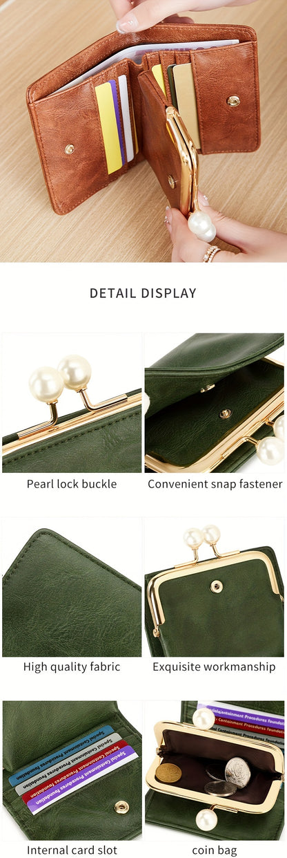 Women's Wallet Short Compact Three Layer LargeCapacity Retro Pearl Wallet High Quality PU Multi Card Seat/Coin ZeroWallet
