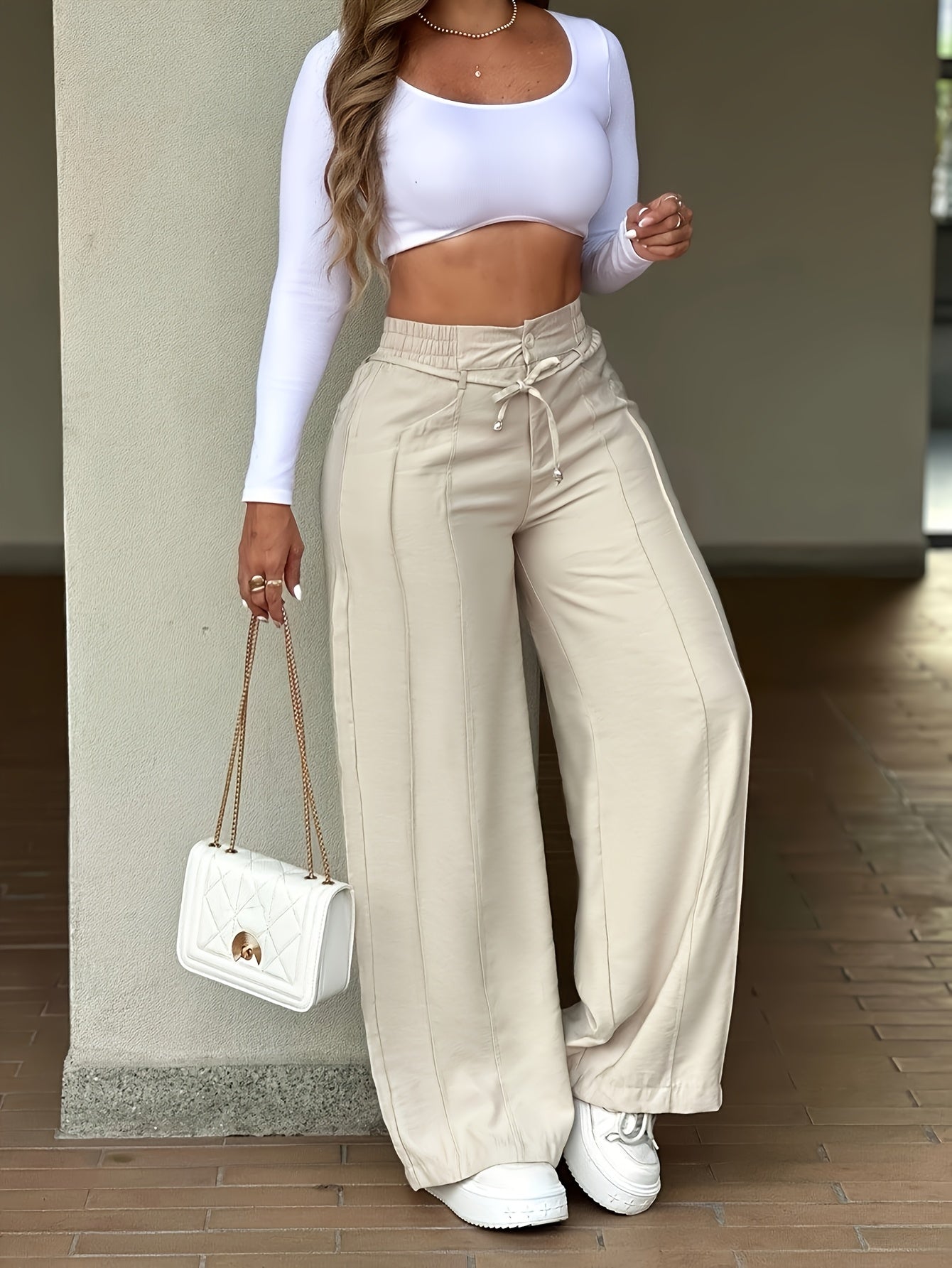 High-Waist Wide-Leg Drawstring Pants for Spring Summer