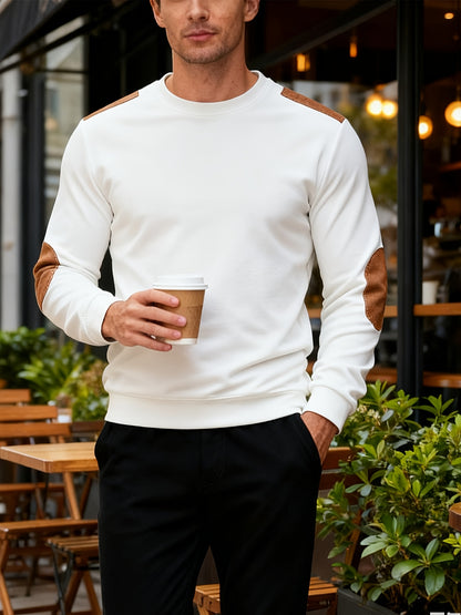 Men'S Classic Fashion Crew Neck Long-Sleeved Top | Light and Comfortable Fabric with Contrast Beige Patches for Enhanced Durability, Regular Fit, Ideal for Daily Leisure, Street Fashion, Outdoor Activities, and Light Fitness