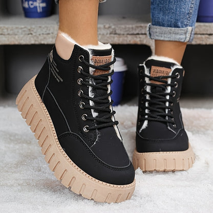 Women'S Winter Warm High-Top Ankle Boots - Thick Platform Sole, Round Toe, Lace-Up Closure, Synthetic Cover Upper, Rubber Sole, Mid-Heel, Casual Style, All-Season