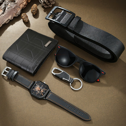 5 հատ նոր ժամացույցի նրբագեղ նվերների տուփի հավաքածու - բարձրակարգ գեղեցիկ արհեստական ​​կաշվե ժամացույց՝ նորաձև ակնոցներով, նորաձև բանալիի շղթայով, ամենօրյա դրամապանակով և գոտիով, կատարյալ նվեր