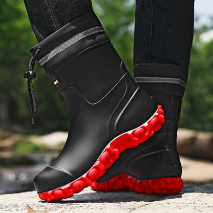 Men's Waterproof PU Rain Boots with Fleece Lining, Mid-Calf