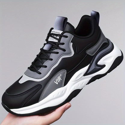 Men's Stylish Color-Block Sneakers - Black  Gray with White Accents, Comfortable All-Day Wear, Durable Rubber Sole, Lace-Up Design, Trendy Low-Top Style for Casual or Athletic Use, Casual Sneakers   Fashion Sneakers   Pu Mat