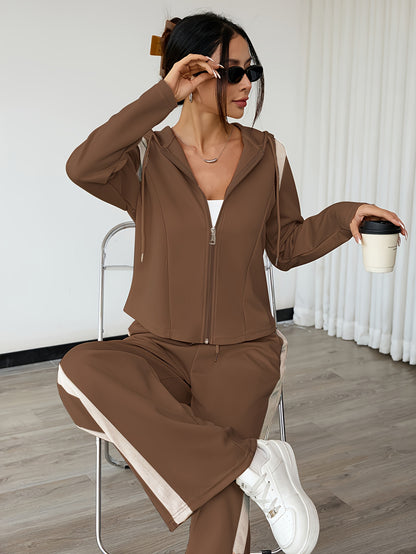 Women'S Elegant Two-Piece Set Featuring a Spring Long-Sleeve Zip-Up Top And Straight-Leg Pants, with a Stylish Color-Blocked Design And a Hooded Drawstring