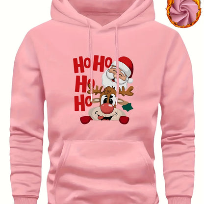 Men's Christmas Hooded Sweatshirt with Rudolph & Santa Print - Thickened Winter Pullover Hoodie, Warm Long Sleeve Casual Sweater for Skiing, Parties, Team Events - Machine Washable (Couple Matching, Unisex Style)