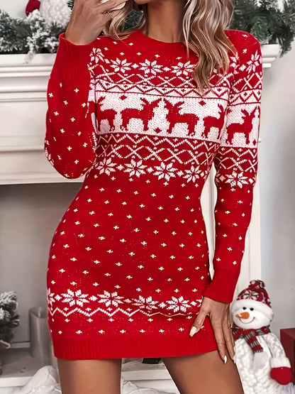 Women'S Christmas Reindeer Print Sweater Dress - Long Sleeve, Round Neck, Ribbed Texture, Green & Holiday Party Outfit, Perfect for Festive Gatherings