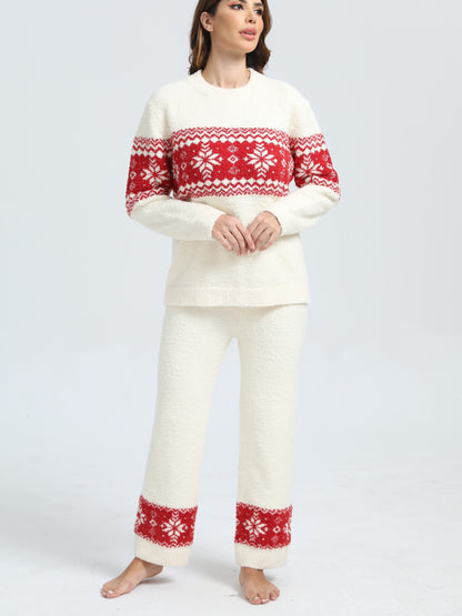 Կանացի աշնանային/ձմեռային տնային հագուստի փափուկ, տաք, նորաձև, Սուրբ Ծննդյան, ձնծաղիկի տեսքով երկար թևքերով տաբատների հավաքածու 2 հատ