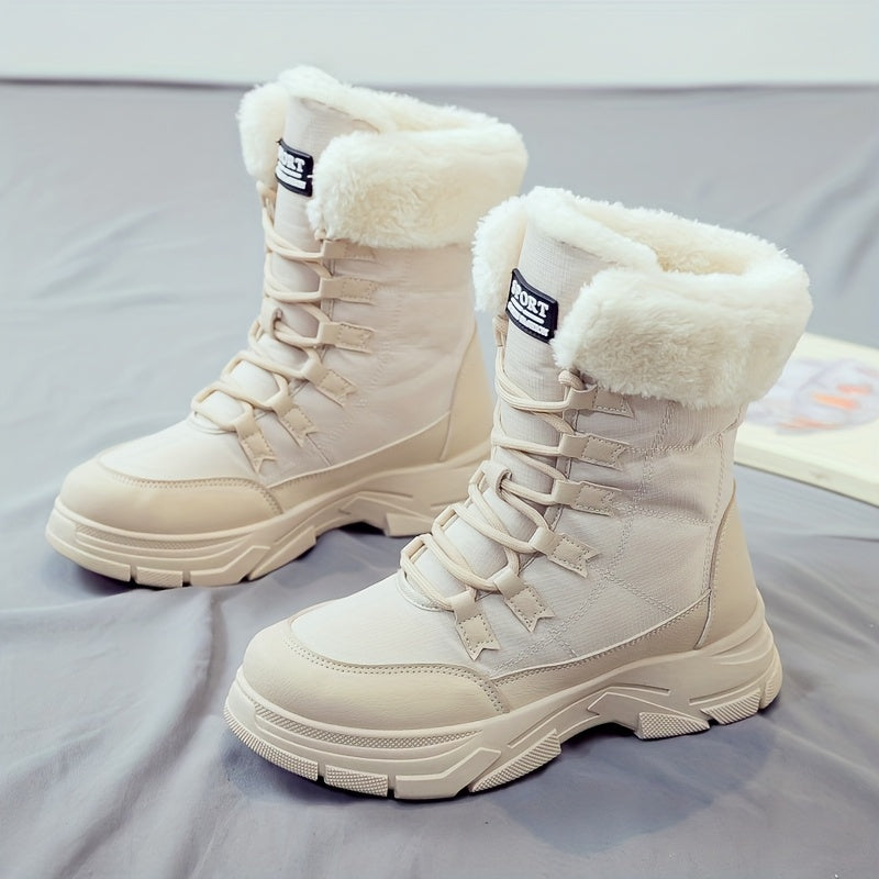 Women'S Winter Boots - Thick Platform Sole for Height & Traction, Lace-Up Mid-Calf Boots with PU Synthetic Cover Upper, Non-Slip PVC Outsole - Beige/White Cold Weather Shoes for Everyday, Formal, Party - Easy-Clean & Durable