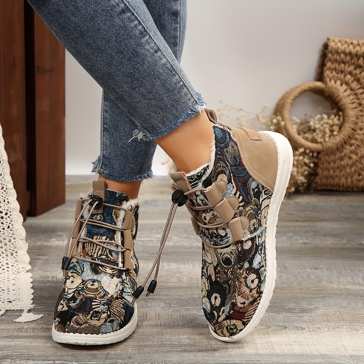 Կանացի հարմարավետ ձմեռային կոշիկներ - Հարմարավետ, սահելով հագնվող, միջին բարձրության կոշիկներ հաստ ներբանով, կլոր քթով, սպիտակ և սև ժանյակավոր դիզայնով - Իդեալական են ցուրտ եղանակի, ձյան և ձմեռային կոշիկների համար: