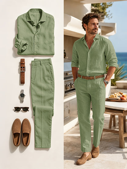 Men's White Linen Casual 2-Piece Set for Summer & Beach