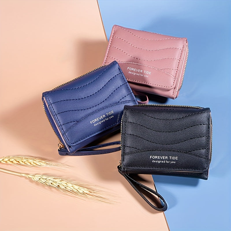 2024 New Women'S Short Wallet, Korean Style Zippered Coin Purse, Simple Design, Tri-Fold Multifunctional Faux Leather Card Holder.