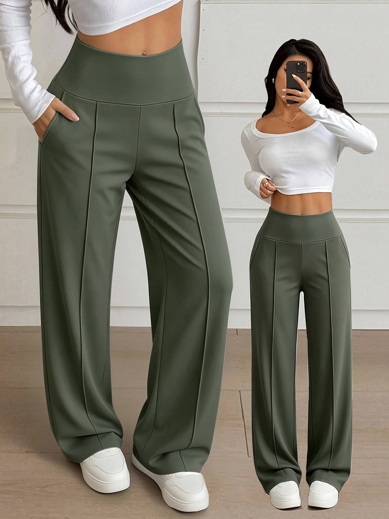 Women’s High-Waist Wide-Leg Stretch Trousers for Spring/Fall