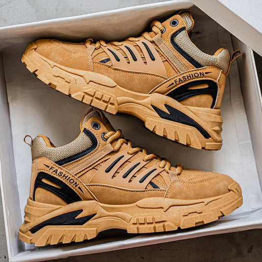 Men'S Autumn And Winter Thick-Soled Mid-Top Sports Shoes - Featuring a Thick Platform Heel, Lace-Up Mid-Top Design, EVA Insole And Arch Support, Color-Blocked Casual Street Style, Suitable for Leisure Sports Hiking, And Comfo