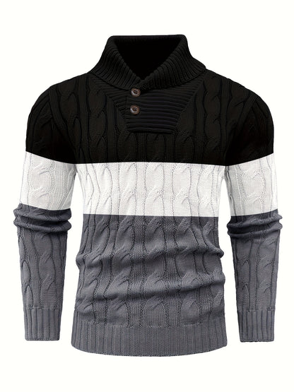 Men's Business Style Color-Block Sweater, Fashionable Trendy Spliced Large Lapel Pullover, Versatile Button-Design Sweatshirt