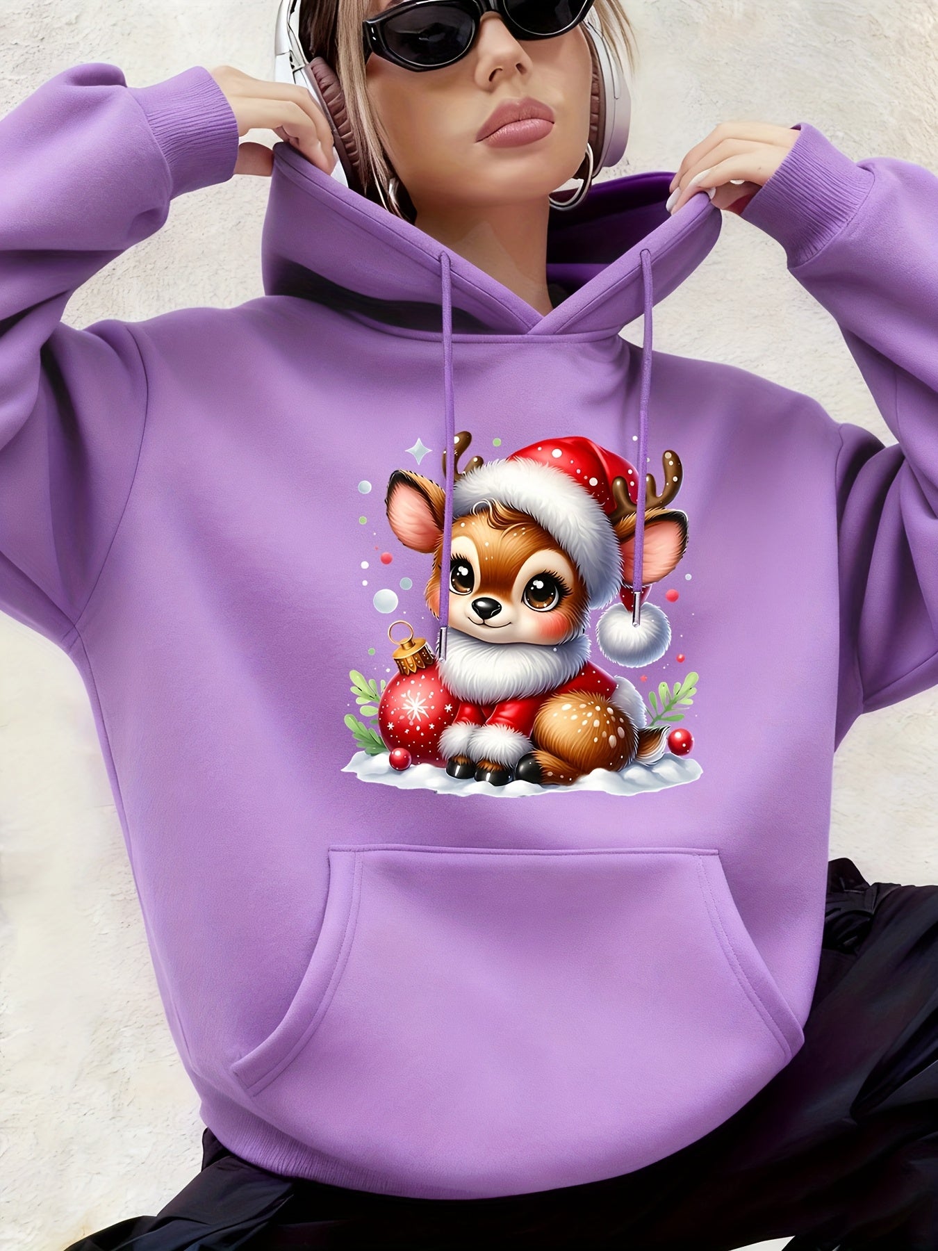 Women's Hooded Sweatshirt, Christmas Fashion Loose Elegant Long Sleeve Drawstring Hoodie, Atmospheric Print Red/Dark Green/Tender Pink/Violet Hooded Sweatshirt, Holiday Gift, Women's Clothing