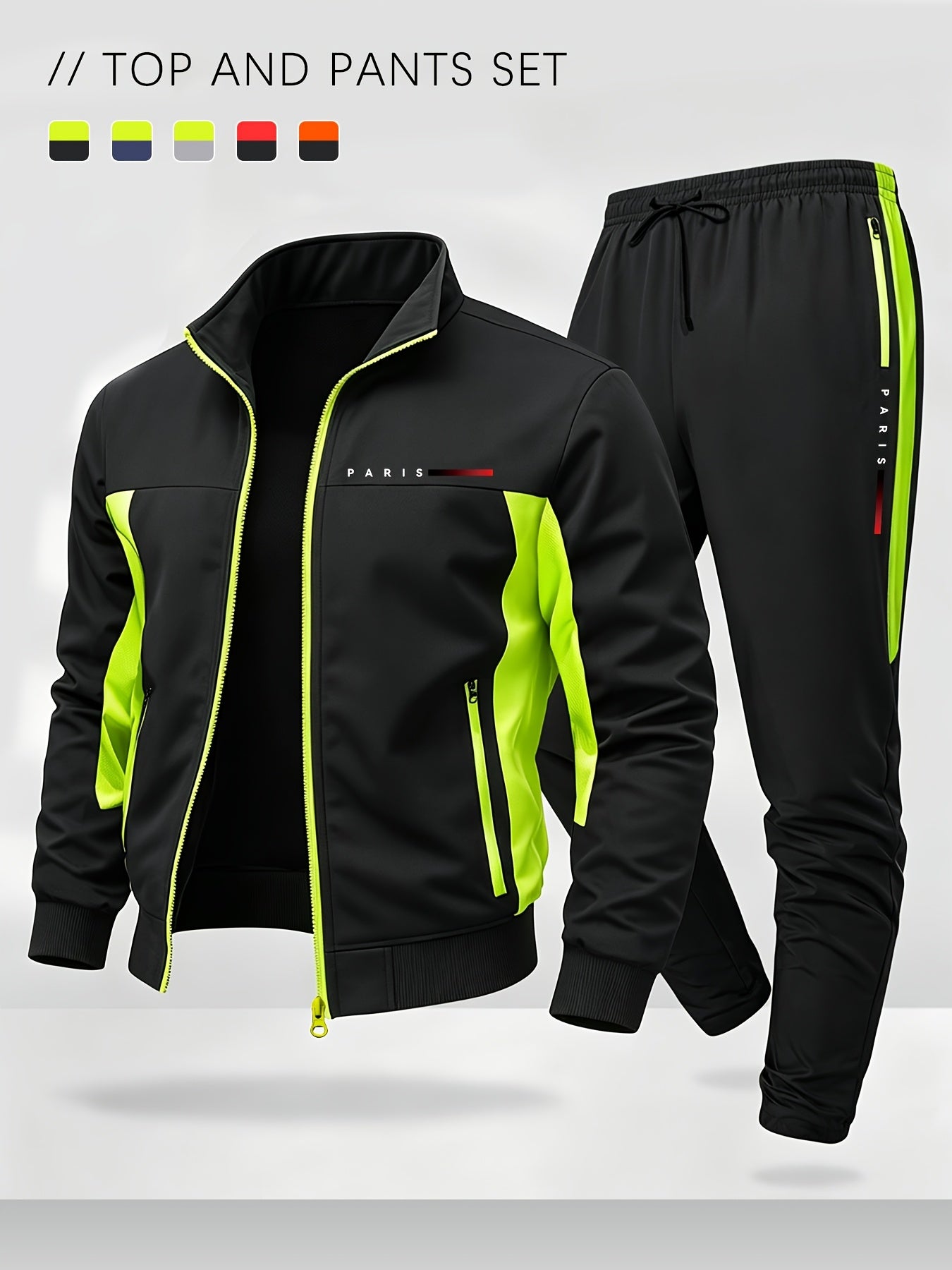 Men's Color Block Sportswear Set with Stand Collar Jacket & Pants