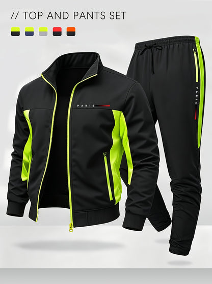 Men's Color Block Sportswear Set with Stand Collar Jacket & Pants