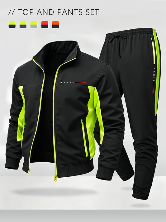 Men's Color Block Sportswear Set with Stand Collar Jacket & Pants