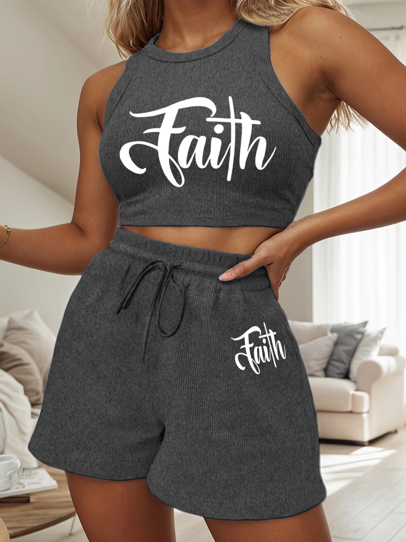 Women's Casual Two-Piece Set with English Print & Wide Leg Pants