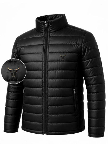 Men's Stand Collar Padded Jacket with Bull Head Print for Fall