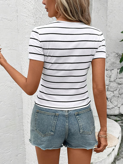 Striped Print Short Sleeve T-shirt, Casual Crew Neck Top For Spring & Summer, Women's Clothing