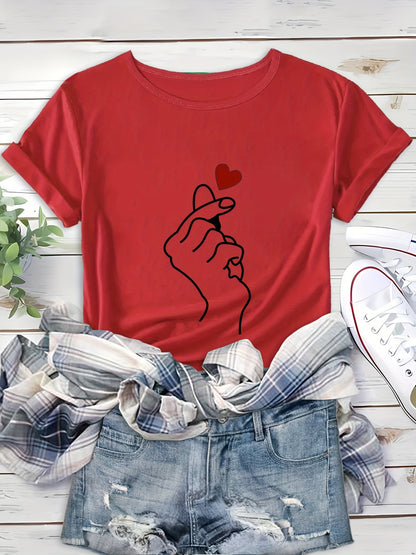 Heart Graphic Round Neck Sports T-shirt, Short Sleeve Running Casual Top, Women's Activewear