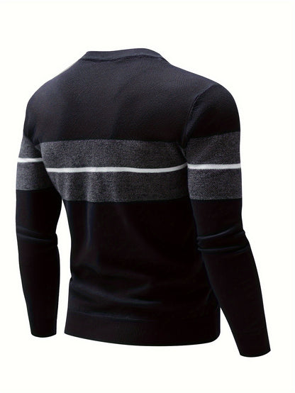 Men's Casual Round Neck Sweater - Two-Tone Color Block, 100% Polyester, Stretch Knit, Long Sleeve - Perfect for Fall/Winter