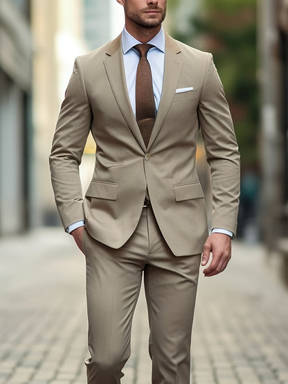 Men's Two-Piece Suit in Solid Color with Sealed Pockets, Regular Fit Suit Trousers, Elegant and Classic, Suitable for Business and Wedding Parties