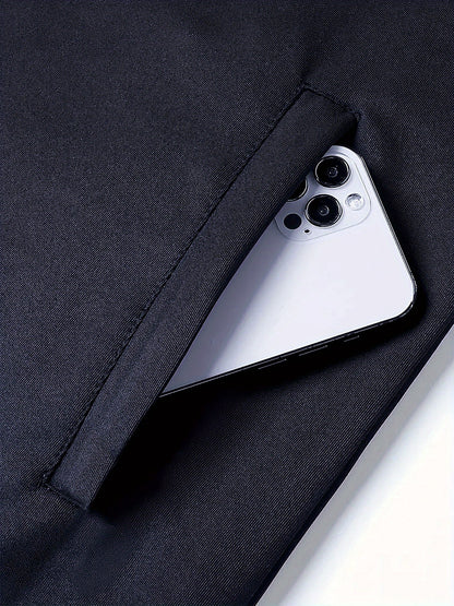 Men's Navy Blue Full-Zip Casual Jacket with Golden Happy New Year Print & Golden Glitter Lettering - Full-Zip Closure, Machine Washable, Regular Fit Winter Coat for Parties, Casual Attire & New Year's Eve Outfits - Stylish Ou