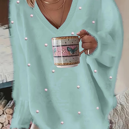 Մեծ չափս - Կանացի հարմարավետ դեղին V-ձև օձիքով սվիտեր՝ մարգարիտ կոճակներով և բրդյա եզրերով թևքերով - Ասիմետրիկ եզր, երկրաչափական նախշ, առօրյա ձմեռային սվիտեր առօրյա հագուստի համար, Ձմեռային հագուստ | V-ձև օձիքով սվիտեր | Մարգարիտ կոճակների մանրամասներ, Sw