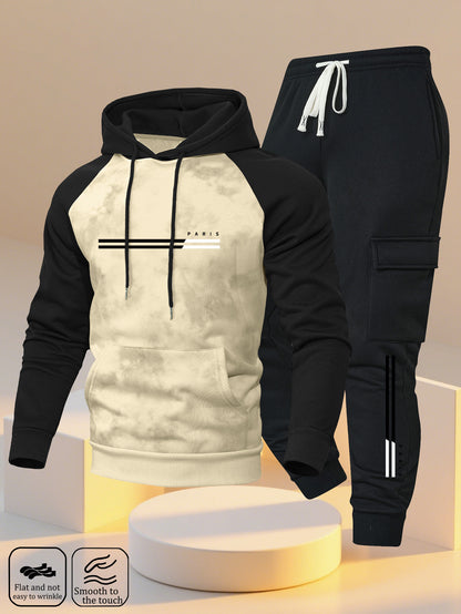 A New Trendy Color-Blocked Hoodie with Raglan Sleeves And Loose-Fitting Cargo Pants Featuring Multiple Pockets, Perfect for Casual Everyday Wear. This Breathable Hoodie And Loose Long Pants Set Comes in a Two-Piece Print Desi