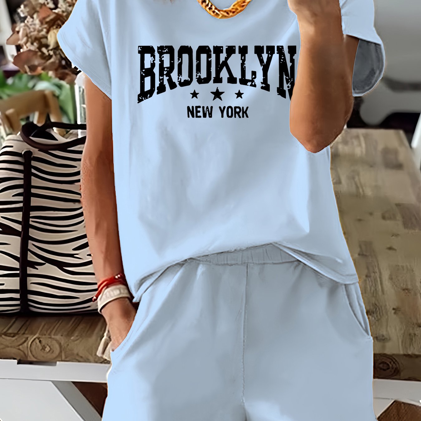 Brooklyn Letter Print Casual T-shirts &amp; Shorts հավաքածու կանանց համար՝ ձգվող պոլիեսթեր խառնուրդ, լվացվող մեքենայում