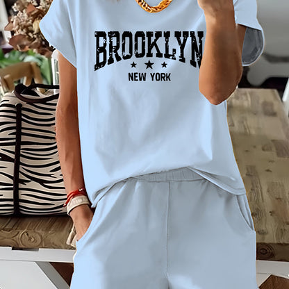 Brooklyn Letter Print Casual T-shirts &amp; Shorts հավաքածու կանանց համար՝ ձգվող պոլիեսթեր խառնուրդ, լվացվող մեքենայում