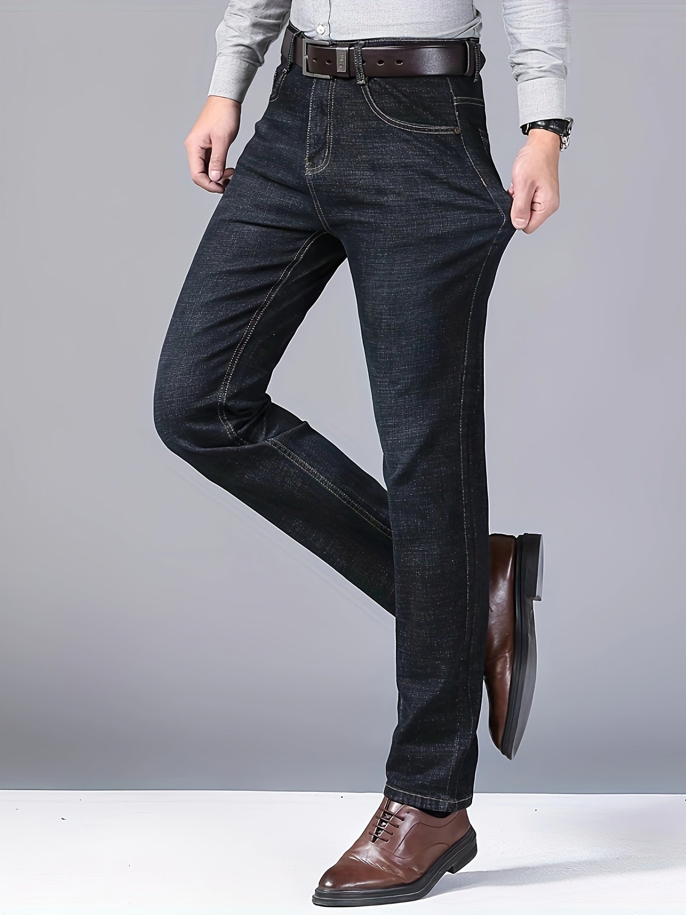 Men's Classic Business Casual Jeans - All-Season Black Denim with Patch Detail, Comfort Fit & Versatile Style