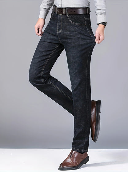 Men's Classic Business Casual Jeans - All-Season Black Denim with Patch Detail, Comfort Fit & Versatile Style