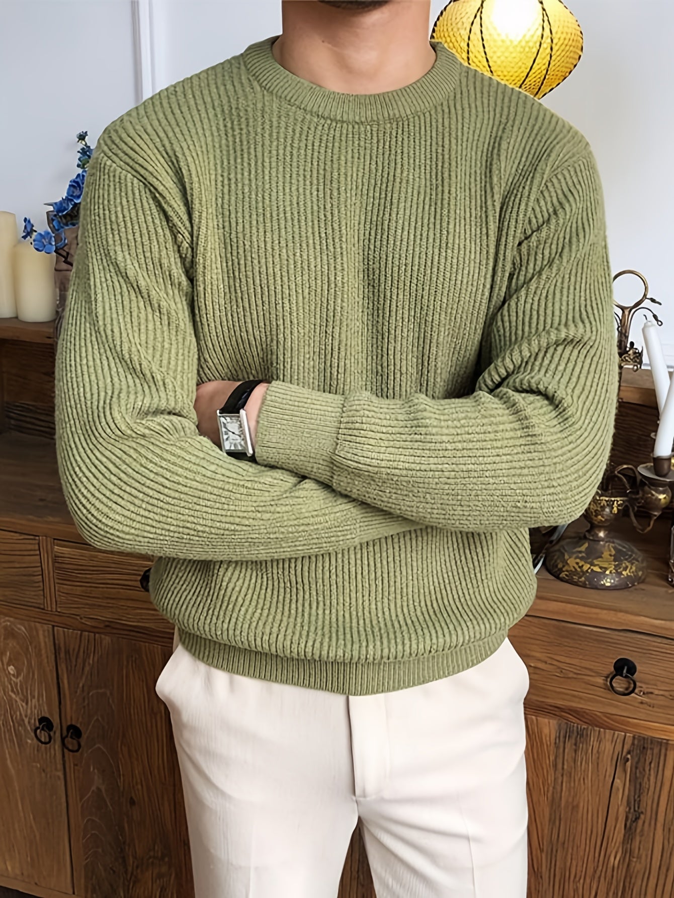 Բաց գույնի, հասուն ոճի աշուն/ձմեռ, հիմնական, տղամարդկանց համար, երկար թևքերով, առօրյա, բրիտանական, կլոր վզնոցով, տրիկոտաժե, բարձր օձիքավոր վերնաշապիկով