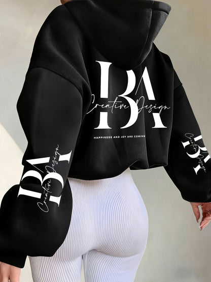 Women's Casual Short Hoodie Jacket with Zipper and Geometric Print