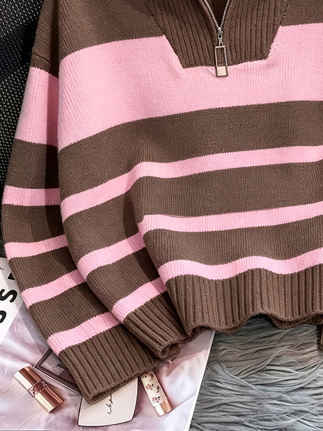 Women's Striped Zip-Up Sweater with Thickened Inner Layer