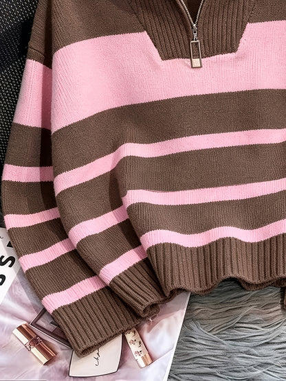 Women's Striped Zip-Up Sweater with Thickened Inner Layer